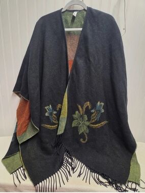 Embroidered Shawl Wrap Black Floral Fringe Green and Rust Accents #0215